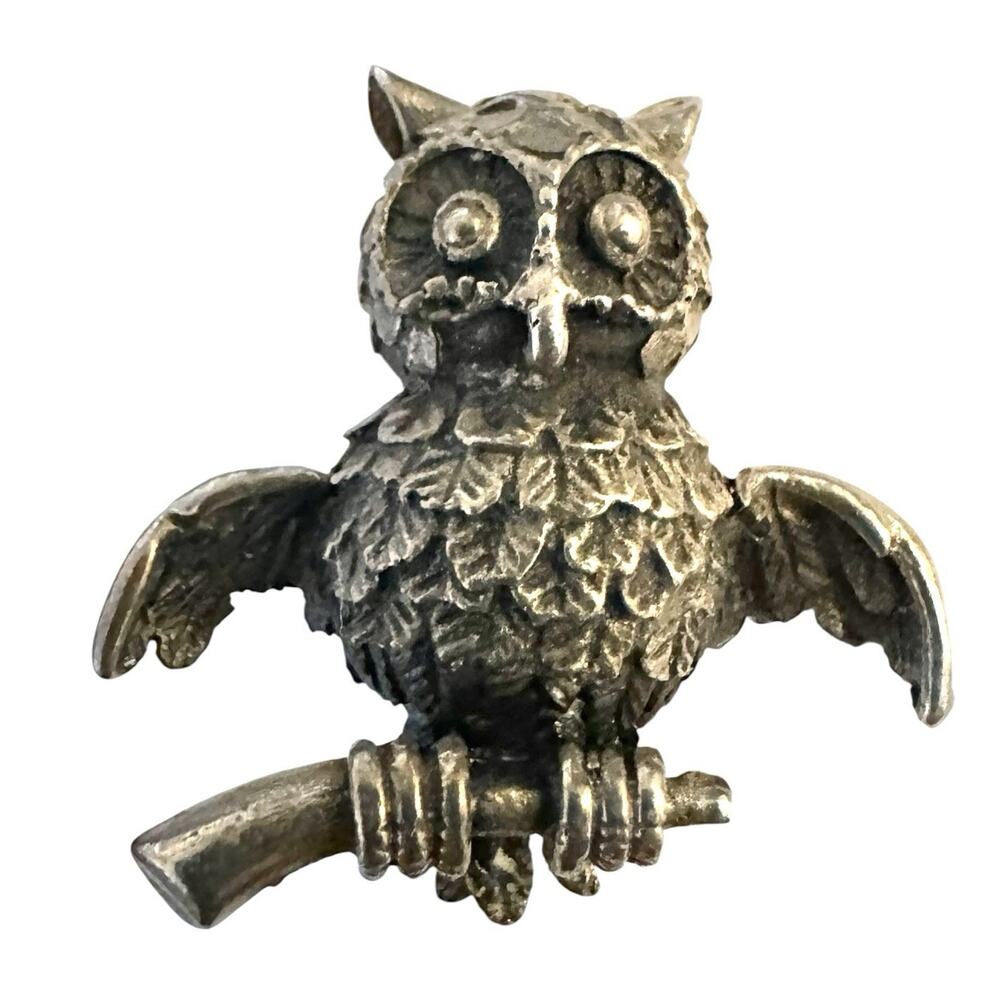 Vintage Little Owl‎ On A Branch Pewter Brooch MCM Estate